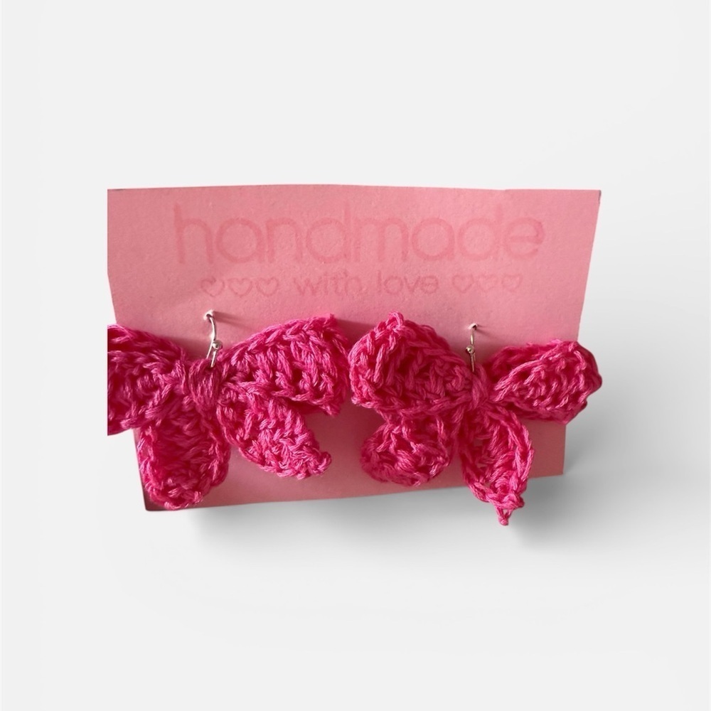 Handmade Pink Crochet bow Earrings – Lightweight & Boho Chic - Picture 3 of 4